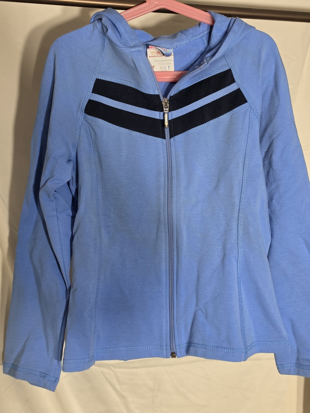 Light Blue Hooded Zip-Up Sweatshirt with Black Chevron Accent